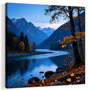 Impresión en lienzo de paisaje azul con montañas, lagos, árboles y un diseño decorativo sereno, adecuado para el hogar o la oficina - Product Image 4