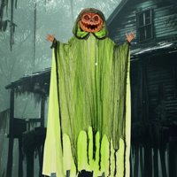 AROMA 4.3Ft Décoration de citrouille lumineuse suspendue avec capuche verte fluo, décor de citrouille LED effrayant pour Halloween, décoration intérieure et extérieure