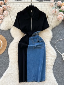 <span class=keywords><strong>Vestido</strong></span> de <span class=keywords><strong>mujer</strong></span> de verano 2026 nuevo estilo retro de mezclilla con bloques de color y empalmes, corte ajustado y manga corta, para venta al por mayor - Product Image 2