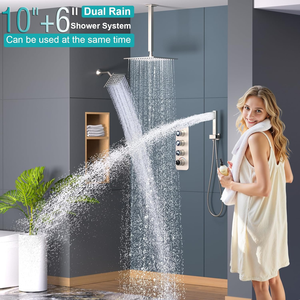 Keran mandi hujan ganda, Pancuran Air hujan ganda Set 10 + 6 fungsi pasang di langit-langit genggam Volume nikel dapat disesuaikan semua fungsi mandi - Product Image 4