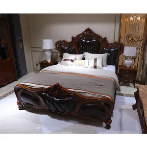 סט ריהוט חדר שינה רויאל יוקרתי קינג סייז מיטה מגולפת מעץ מלא עם שידה ושולחן ליד המיטה מעץ