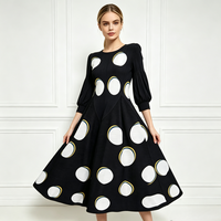 Robe midi plissée taille unique pour femme, manches lanternes trois quarts, col rond, imprimé, mode printemps-automne