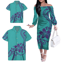 Dropshipp Outfits Polynesian Tribal Floral Off Shoulder Dress Samoan Fidjian Matching Men Shirt And Kids Shirt Elegant Dress