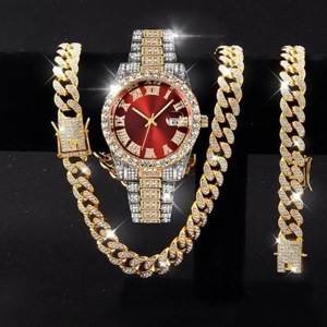 Ensemble Montre et Bijoux pour <span class=keywords><strong>Homme</strong></span> : Montre Calendrier Incrustée de Strass, Collier et Bracelet Hip Hop (3 pièces) - Product Image 1