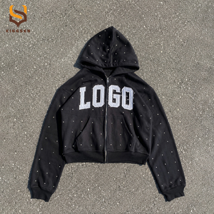 Sweat à capuche zippé pour homme en molleton bouclette délavé et vieilli, avec broderie personnalisée, logo brodé, strass et effet délavé à l'acide - Product Image 1