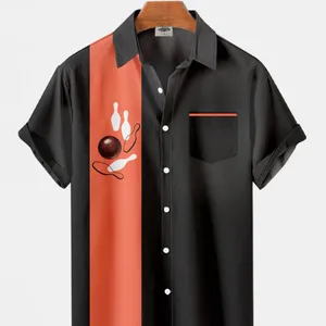 Camicia da Bowling con bottoni in tessuto di raso a maniche corte stampata da uomo con motivo a righe da Bowling Oem all'ingrosso
