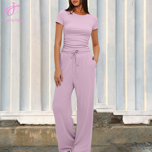 Set di abiti <span class=keywords><strong>estivi</strong></span> donna all'ingrosso Loveda tinta unita Casual Top a maniche corte e pantaloni larghi a vita alta - Product Image 3