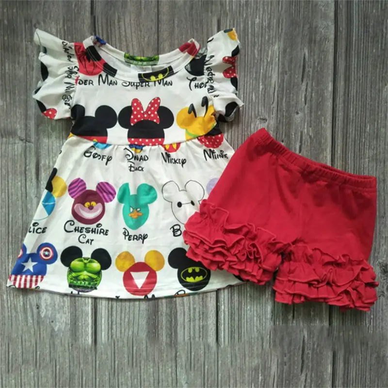flutter sleeve children Mickey clothes set cartoon top icing ruffle shorts kid wear baby summer boutique outfit toddler clothing