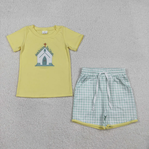 Vêtements pour enfants en gros, broderie fleurie, carreaux verts, jaune, sans manches, tenues de Pâques pour enfants - Product Image 4