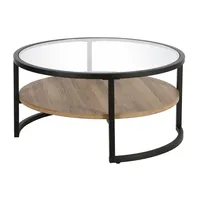 Table basse ronde avec étagère à 2 niveaux, table centrale avec plateau en verre et pieds en métal noir, table d'appoint pour salon