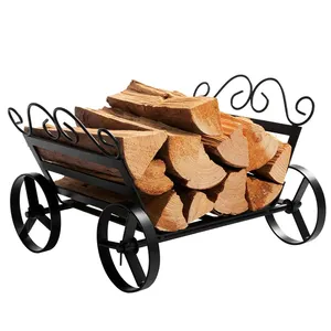 Customized Fireplace Accessories Heavy Duty Wrought Iron Metal Firewood Storage Log Rack Holder with Wheels