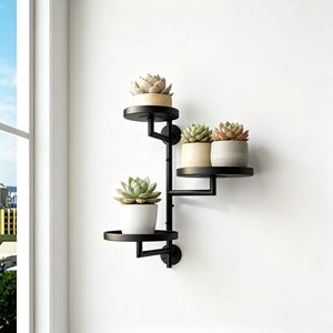 3-Tier <b>Wall</b> <b>Mounted</b> <b>Plant</b> Stand Black Metal Indoor Hanging Flower Rack For Home Decor - Product Image 2