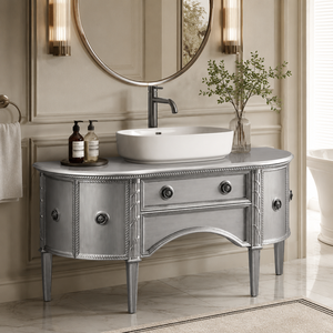 Meuble-lavabo <span class=keywords><strong>de</strong></span> <span class=keywords><strong>salle</strong></span> <span class=keywords><strong>de</strong></span> <span class=keywords><strong>bain</strong></span> moderne <span class=keywords><strong>de</strong></span> luxe en argent, 47 pouces, demi-lune, en bois massif, avec vasque à poser, pour projets <span class=keywords><strong>de</strong></span> villas et d'hôtels - Product Image 1