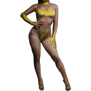 Gelbe Strass steine Nude Spandex Jumps uit Handschuhe Frauen Tanz kostüm