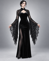 Gaun Midi Bodycon Beludru Gothic Wanita, Potongan Regular, Kerah Tinggi, Lengan Lonceng Berenda, Belahan Samping, Pesta Halloween, Grosir