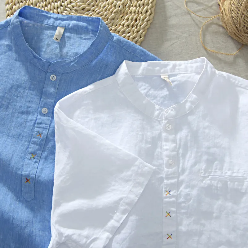 OEM Custom Men's t-shirts Hot Sale Popular Casual Solid Color Men Polo Shirt Pure Linen Button Short Sleeve for Men