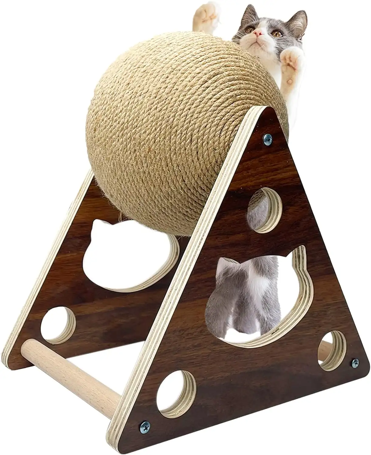 Jouet à gratter pour chat avec boule en sisal, cadre en bois naturel, durable, interactif