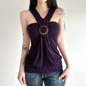 Top corto halter Y2K para mujer, con anillo, fruncido, sin espalda, sexy, para discoteca, estilo camisola de verano - Product Image 1