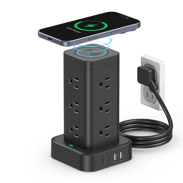 USA Power Strip Tower with Wireless Charger Socket 13A Rated Current Surge Protector Socket