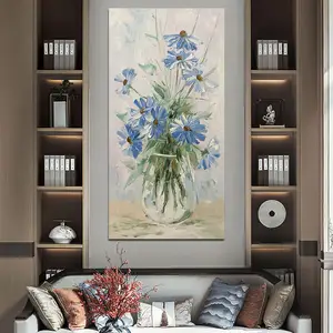 Originele Kunst Hot Selling Moderne Stijl Mooie Handgeschilderde Blauwe Daisy Bloem Canvas Olieverf Voor Huis Muur Decor