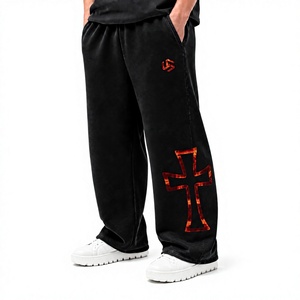 Men's Customized Color Regular Fit Breathable Cotton Straight Sweatpants with Flame Cross Print Elastic Waist Casual Spring Wear - Product Image 1