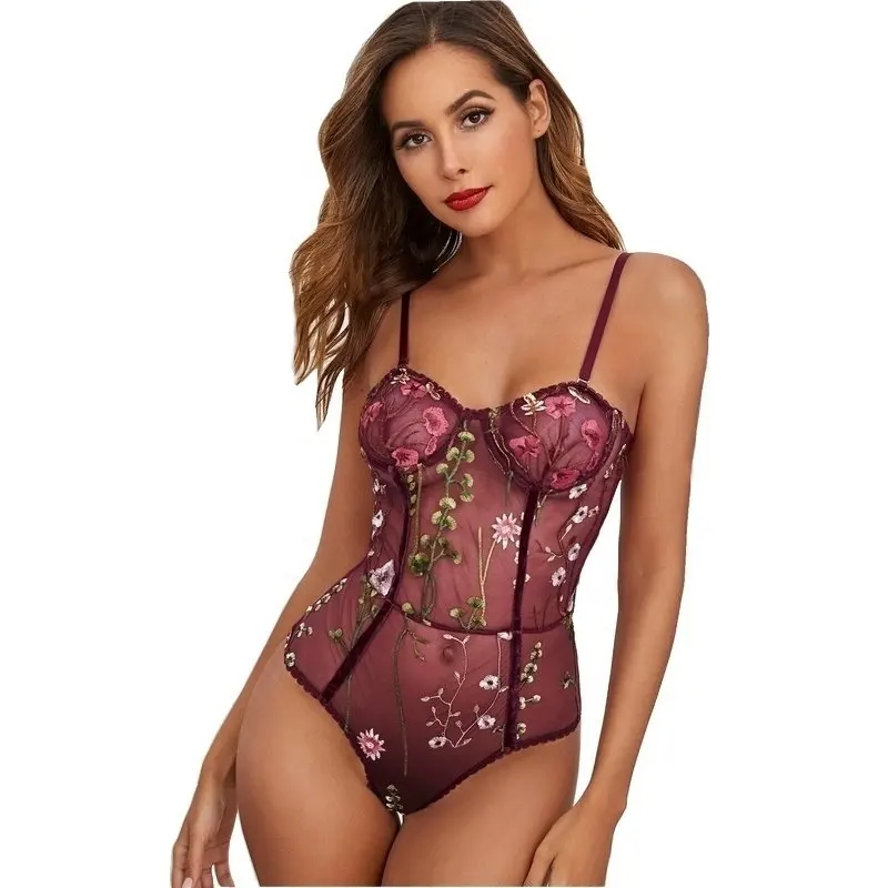 Wholesale new womens sexy underwear suspenders sexy mesh transparent embroidery bodysuits