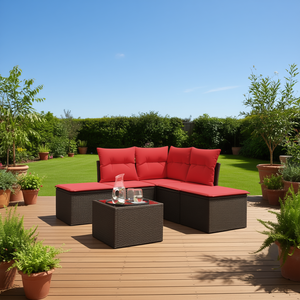 Set Divano da Esterno in Polyrattan per 6 Persone, Arredamento da Giardino Durevole dal Design Contemporaneo con Cuscini Marroni - Product Image 2