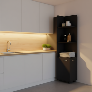 Armoire d'angle haute à 3 étagères et 2 portes Vestal, noire, pour rangement salle de bain ou cuisine - Product Image 2