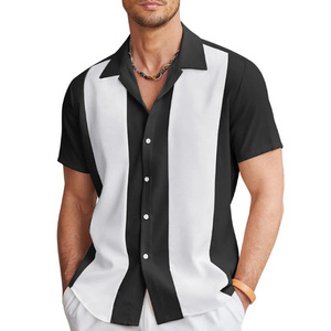 RNSHANGER Fashion Men's Stripe <strong>Shirts</strong> <strong>Vintage</strong> <strong>Bowling</strong> Hawaiian Short Sleeve Slim Fit <strong>Shirt</strong> Polyester Lapel Collar Male <strong>Shirt</strong> - Product Image 1