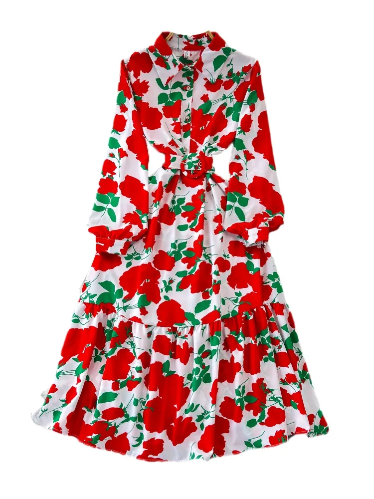Оптовая продажа, 2024 весенне-летние элегантные женские платья трапециевидного цвета с длинными рукавами и воротником-поло на талии с принтом