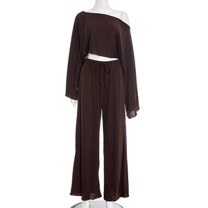 Viviblook Y25ST387 Women Two Piece <b>Set</b> New Slash Shoulder Long Sleeves Crop Top Loose Elastic Pants <b>Set</b> - Product Image 2