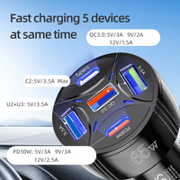 Pengisi Daya USB-C 65W Pengisian Cepat PD 3.0 QC 4.0 12V/24V Indikator LED Tipe C Pengisi Daya Ponsel Mobil 5 in 1 Pengisi Daya Mobil Pabrik
