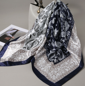 Large 90cm <b>Square</b> <b>Silk</b> <b>Scarf</b> White Camellia and Olive Leaf Print Luxury Gift Wrap Fashion Accessory - Product Image 6
