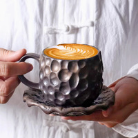 Ensemble tasse et soucoupe en céramique vintage, cuite au four, texture martelée, pour latte art, fait main, luxe léger, pour la maison et le bureau