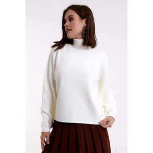 Suéter de Punto Blanco para Mujer, Cuello Alto, Manga Larga, Estilo Minimalista, Color Sólido, para Otoño - Product Image 1