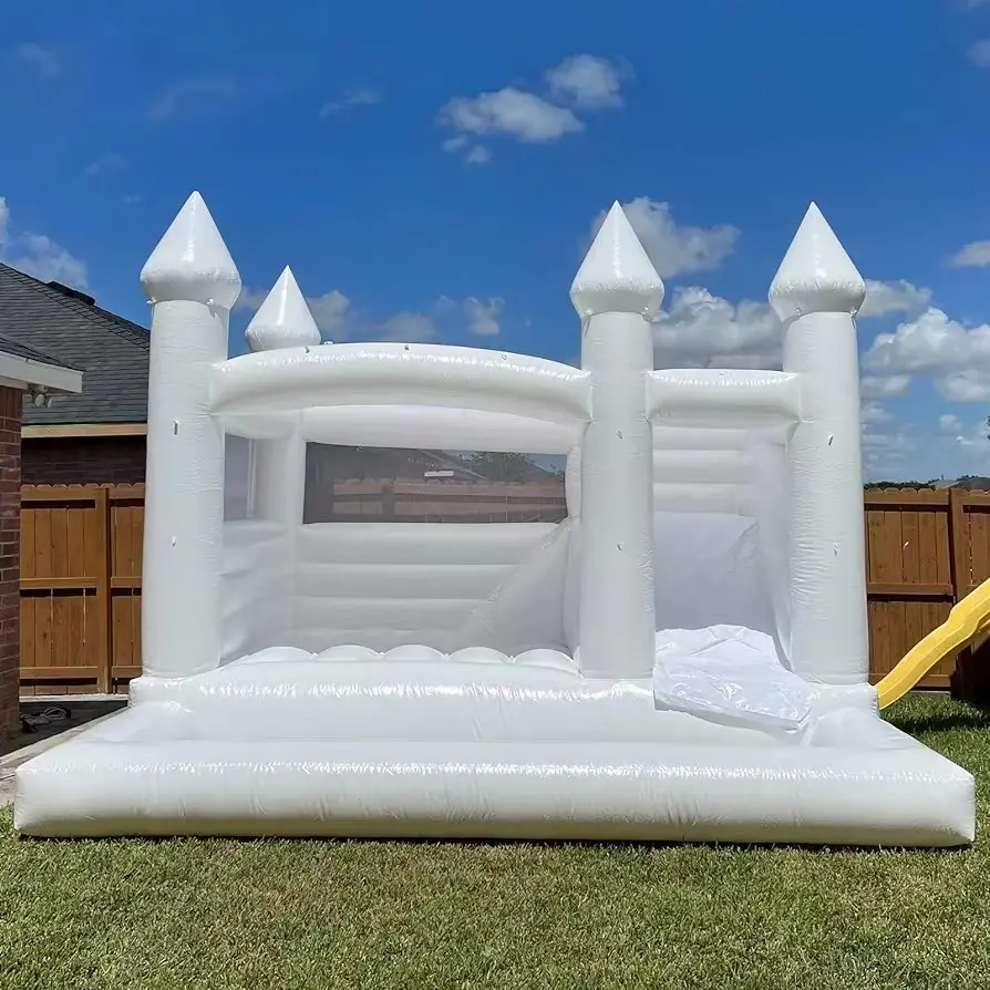Castelo inflável branco para festas, bouncer de casamento com escorregador, casa comercial inflável