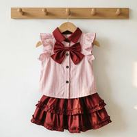Ensemble Jupe à Volants et Nœud Rayé pour Filles, Tenue de Boutique, Robe de Soirée Princesse Préppy pour Tout-Petits, Vêtements en Gros, Faible MOQ, Personnalisable