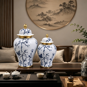 Paire de pots de rangement floraux bleus <span class=keywords><strong>sous</strong></span> glaçure orientale en porcelaine brillante avec finition dorée pour la décoration intérieure - Product Image 2
