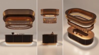 Comptoir de caisse ovale en bois foncé avec anneau perforé bronze, présentoir à grains de café, base LED lumineuse, aménagement personnalisé pour café