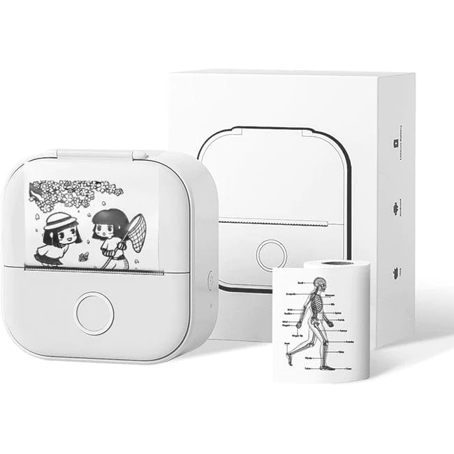 Impresora blanca con 3 rollos de papel térmico