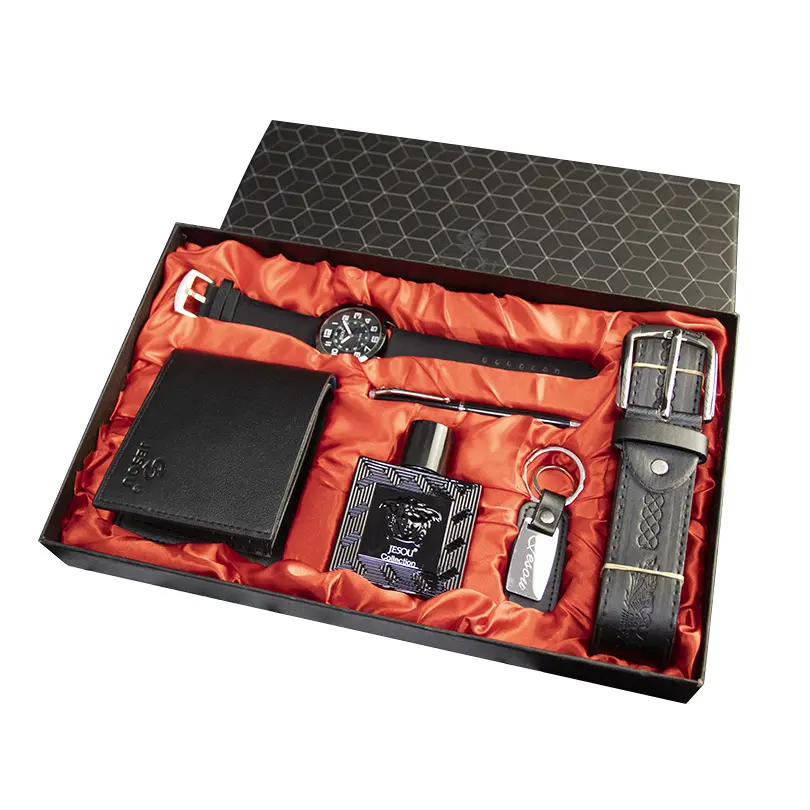 2023 New Design 6 Set Boutique Gift Set Hot Sale Belt+wallet+perfume+key Chain+large Dial Quartz Watch+pen Gift Box