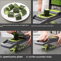 Coupe-légumes de cuisine à pression unique, hachoir et trancheuse multi-lames en acier inoxydable avec récipient de rangement et protège-main