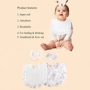 4-teiliges Set Großhandel individuelles guter Preis Baby Boho Baumwolle Sabber-Problemarten Speichel individuelles wettbewerbsfähiges Bib- und Bogen-Kopfband-Set