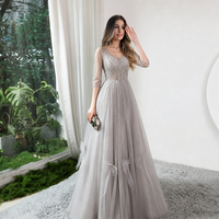 Robe de soirée gris argenté lavande col en V coupe trapèze, ornée de perles et de sequins, manches volantées, nœuds 3D, en tulle, longueur ras du sol, pour soirée, sur mesure, vente en gros