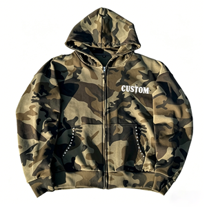 Custom LOGO Letter <b>Studded</b> Camo Zip UP Hoodie Bulk Vintage Washed Streetwear Hoodie Supplier - Product Image 4