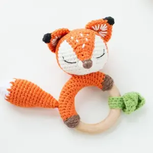 Organic Fox crochet rattle knitting teether ring baby chew toy baby teething Shower baby gift set