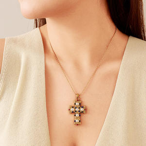 <b>Cross</b> Pendant Necklace 18K Gold Plated Pearl Inlay Adjustable <b>Chain</b> European Style Gift Jewelry - Product Image 2