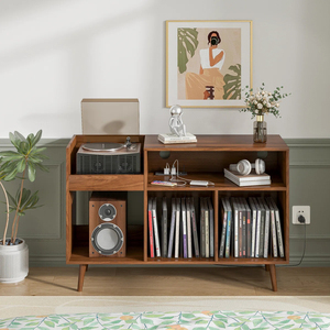 <b>Record</b> Player <b>Stand</b> with Charging & Usb Ports Mid Modern Vinyl Storage Cabinet Walnut Turntable Table Power - Product Image 2