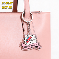 Porte-clés en acrylique David Meowie, chat stylé avec éclair et bannière rose, breloque transparente durable, accessoire amusant style Pop Art