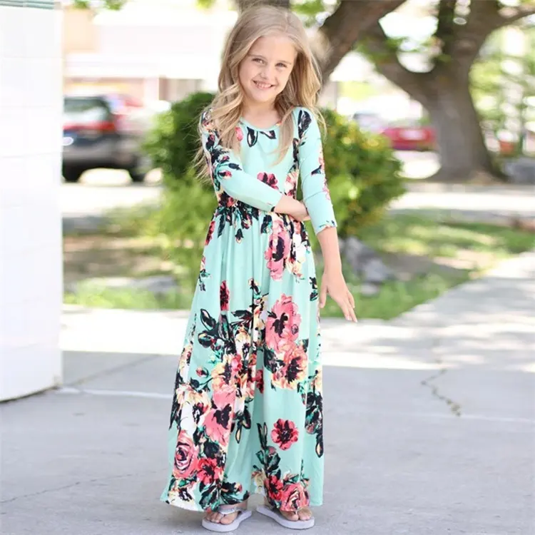 Amazon Hot Sale Mommy and Me Silk Floral Dresses Round Neck Long Sleeve Party Frock Long Maxi Floral Wear Dress for Kids